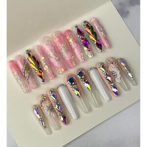 Extra long square and coffin press on nails pink marble ombre rhinestones nude